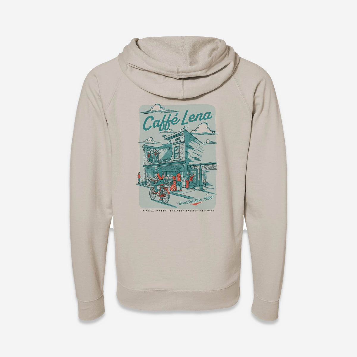 Caffè Lena Zip Hoodie in sand, back print of 47 Phila Street (placeholder image)
