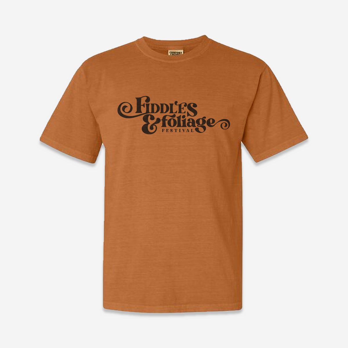Fiddles & Foliage Festival Tee, black block print on rust (placeholder mockup)